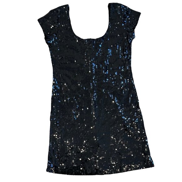 Vintage Y2K Cap Sleeve Black Sequin Mini Dress Size Medium - Picture 1 of 7